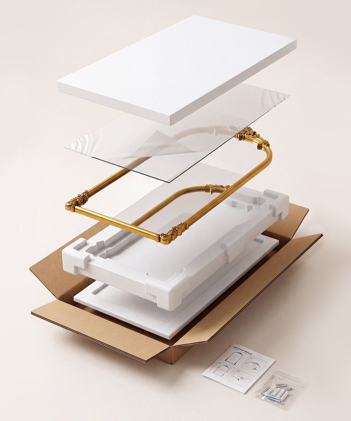 Exploded illustration of a mirror packed with foam layers and a protective carton