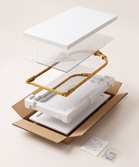 Exploded illustration of a mirror packed with foam layers and a protective carton