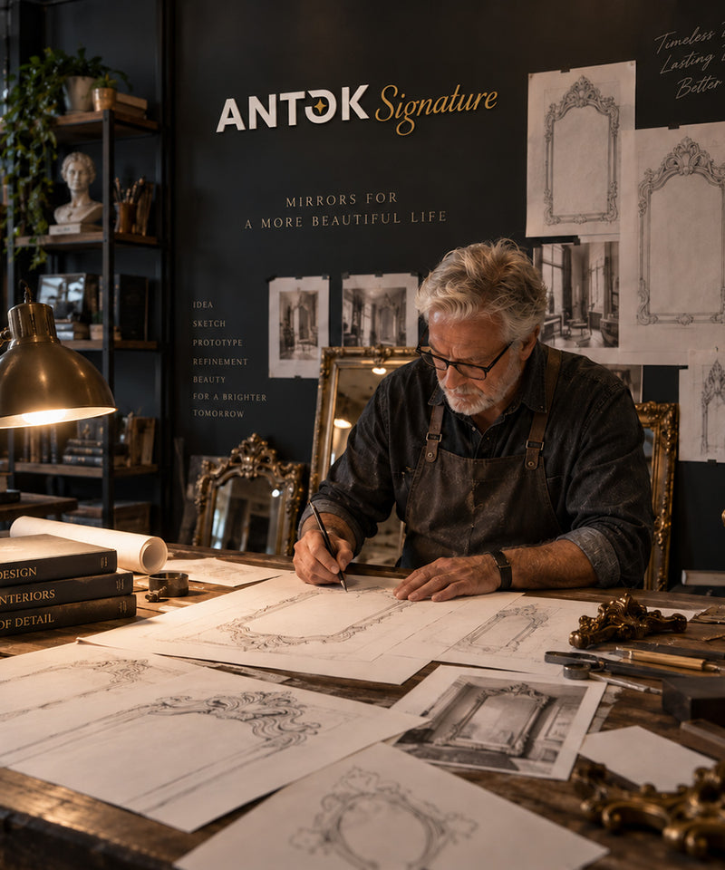 Designer sketching ornate mirror frames at a worktable