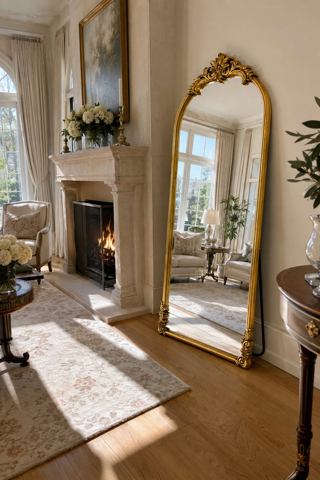 Aurelia arched floor mirror in an interior setting