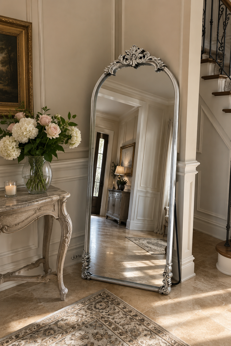 Aurelia arched floor mirror in an interior setting